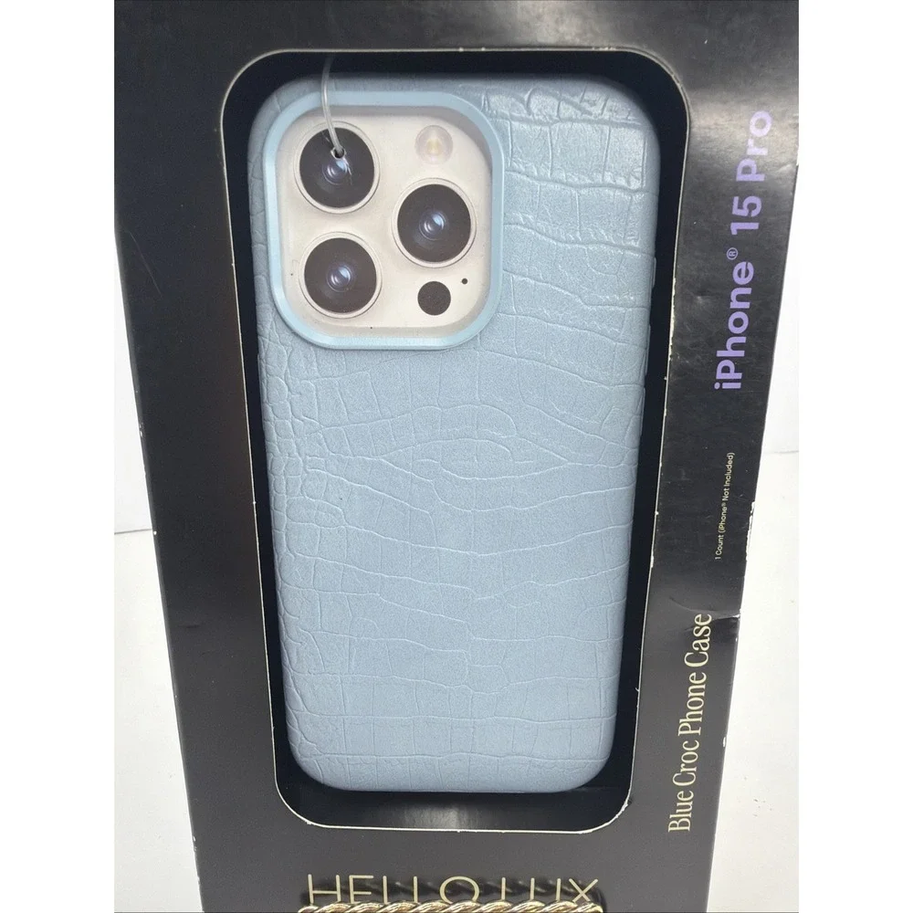 Hello Lux Blue Croc iPhone 15 Pro Case Faux Leather Protective Cover New